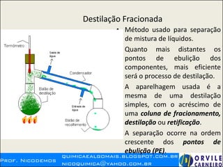 Destilação Fracionada
• Método usado para separação
de mistura de líquidos.
• Quanto mais distantes os
pontos de ebulição dos
componentes, mais eficiente
será o processo de destilação.
• A aparelhagem usada é a
mesma de uma destilação
simples, com o acréscimo de
uma coluna de fracionamento,
destilação ou retificação.
• A separação ocorre na ordem
crescente dos pontos de
ebulição (PE).
 