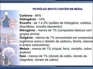 PETRÓLEO BRUTO CONTÉM EM MÉDIA:
Carbono - 84%
Hidrogênio - 14%
Enxofre - de 1 a 3% (sulfeto de hidrogênio, sulfetos,
dissulfetos, enxofre elementar)
Nitrogênio - menos de 1% (compostos básicos com
grupos amina)
Oxigênio - menos de 1% (encontrado em compostos
orgânicos como o dióxido de carbono, fenóis, cetonas
e ácidos carboxílicos)
Metais - menos de 1% (níquel, ferro, vanádio, cobre,
arsênio)
Sais - menos de 1% (cloreto de sódio, cloreto de
magnésio, cloreto de cálcio)
 