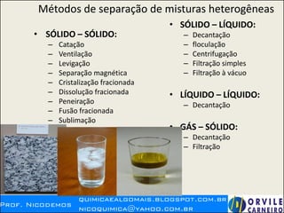 Métodos de separação de misturas heterogêneas
• SÓLIDO – SÓLIDO:
– Catação
– Ventilação
– Levigação
– Separação magnética
– Cristalização fracionada
– Dissolução fracionada
– Peneiração
– Fusão fracionada
– Sublimação
• SÓLIDO – LÍQUIDO:
– Decantação
– floculação
– Centrifugação
– Filtração simples
– Filtração à vácuo
• LÍQUIDO – LÍQUIDO:
– Decantação
• GÁS – SÓLIDO:
– Decantação
– Filtração
 
