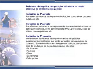 Podem ser distinguidos três gerações industriais na cadeia
produtiva da atividade petroquímica:
Indústrias de 1ª geração
Fornecem os insumos petroquímicos brutos, tais como eteno, propeno,
butadieno, etc;
Indústrias de 2ª geração
Transformam os insumos petroquímicos brutos nos chamados insumos
petroquímicos finais, como polivinilcloreto (PVC), poliésteres, óxido de
etileno, resinas poliéster, etc;
Indústrias de 3ª geração
Transformam os insumos petroquímicos finais em produtos
quimicamente modificados que serão fornecidos como produtos de
consumo. São subdivididas em 5 segmentos básicos, conforme os
tipos de produtos e os mercados atingidos. São eles:
-Fertilizantes
-Plásticos
-Fibras
-Elastômeros
-Detergentes
 