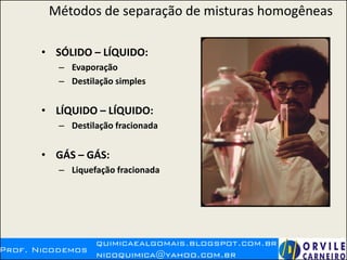 Métodos de separação de misturas homogêneas
• SÓLIDO – LÍQUIDO:
– Evaporação
– Destilação simples
• LÍQUIDO – LÍQUIDO:
– Destilação fracionada
• GÁS – GÁS:
– Liquefação fracionada
 