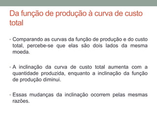 Da função de produção à curva de custo
total
• Comparando as curvas da função de produção e do custo

total, percebe-se que elas são dois lados da mesma
moeda.
• A inclinação da curva de custo total aumenta com a

quantidade produzida, enquanto a inclinação da função
de produção diminui.
• Essas mudanças da inclinação ocorrem pelas mesmas

razões.

 