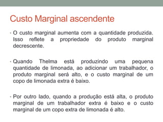 Custo Marginal ascendente
• O custo marginal aumenta com a quantidade produzida.

Isso reflete
decrescente.

a

propriedade

do

produto

marginal

• Quando

Thelma está produzindo uma pequena
quantidade de limonada, ao adicionar um trabalhador, o
produto marginal será alto, e o custo marginal de um
copo de limonada extra é baixo.

• Por outro lado, quando a produção está alta, o produto

marginal de um trabalhador extra é baixo e o custo
marginal de um copo extra de limonada é alto.

 