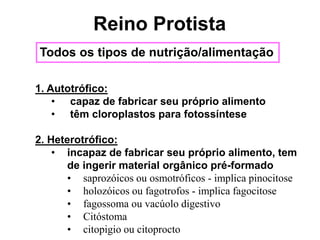 Todos os tipos de nutrição/alimentação
1. Autotrófico:
• capaz de fabricar seu próprio alimento
• têm cloroplastos para fotossíntese
2. Heterotrófico:
• incapaz de fabricar seu próprio alimento, tem
de ingerir material orgânico pré-formado
• saprozóicos ou osmotróficos - implica pinocitose
• holozóicos ou fagotrofos - implica fagocitose
• fagossoma ou vacúolo digestivo
• Citóstoma
• citopigio ou citoprocto
Reino Protista
 