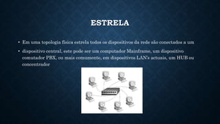 ESTRELA
• Em uma topologia física estrela todos os dispositivos da rede são conectados a um
• dispositivo central, este pode ser um computador Mainframe, um dispositivo
comutador PBX, ou mais comumente, em dispositivos LAN’s actuais, um HUB ou
concentrador
 
