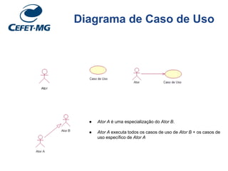 Diagrama de Caso de Uso
● Ator A é uma especialização do Ator B.
● Ator A executa todos os casos de uso de Ator B + os casos de
uso específico de Ator A
 