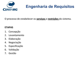 Engenharia de Requisitos
O processo de estabelecer os serviços e restrições do sistema.
ETAPAS
1. Concepção
2. Levantamento
3. Elaboração
4. Negociação
5. Especificação
6. Validação
7. Gestão
 