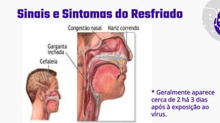 Sinais e Sintomas do Resfriado
* Geralmente aparece
cerca de 2 há 3 dias
após à exposição ao
vírus.
 
