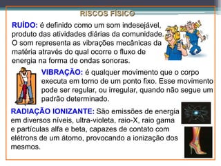 RUÍDO: é definido como um som indesejável,
produto das atividades diárias da comunidade.
O som representa as vibrações mecânicas da
matéria através do qual ocorre o fluxo de
energia na forma de ondas sonoras.
VIBRAÇÃO: é qualquer movimento que o corpo
executa em torno de um ponto fixo. Esse movimento
pode ser regular, ou irregular, quando não segue um
padrão determinado.
RADIAÇÃO IONIZANTE: São emissões de energia
em diversos níveis, ultra-violeta, raio-X, raio gama
e partículas alfa e beta, capazes de contato com
elétrons de um átomo, provocando a ionização dos
mesmos.
RISCOS FÍSICO
 