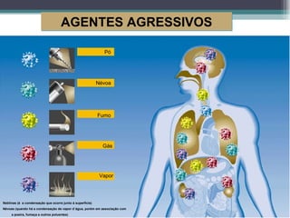 AGENTES AGRESSIVOS

                                                             Pó




                                                           Névoa




                                                           Fumo




                                                             Gás




                                                            Vapor




Neblinas (é a condensação que ocorre junto à superfície)
Névoas (quando há a condensação de vapor d`água, porém em associação com
     a poeira, fumaça e outros poluentes)
 