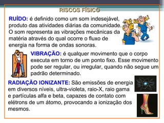RISCOS FÍSICO
RUÍDO: é definido como um som indesejável,
produto das atividades diárias da comunidade.
O som representa as vibrações mecânicas da
matéria através do qual ocorre o fluxo de
energia na forma de ondas sonoras.
         VIBRAÇÃO: é qualquer movimento que o corpo
         executa em torno de um ponto fixo. Esse movimento
         pode ser regular, ou irregular, quando não segue um
         padrão determinado.
RADIAÇÃO IONIZANTE: São emissões de energia
em diversos níveis, ultra-violeta, raio-X, raio gama
e partículas alfa e beta, capazes de contato com
elétrons de um átomo, provocando a ionização dos
mesmos.
 