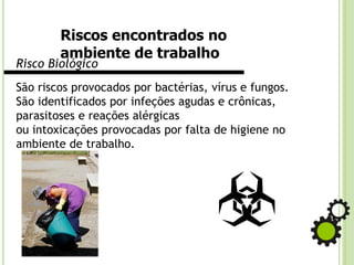 Riscos encontrados no
ambiente de trabalho
Risco Biológico
São riscos provocados por bactérias, vírus e fungos.
São identificados por infeções agudas e crônicas,
parasitoses e reações alérgicas
ou intoxicações provocadas por falta de higiene no
ambiente de trabalho.
 