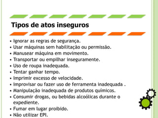 • Ignorar as regras de segurança.
• Usar máquinas sem habilitação ou permissão.
• Manusear máquina em movimento.
• Transportar ou empilhar inseguramente.
• Uso de roupa inadequada.
• Tentar ganhar tempo.
• Imprimir excesso de velocidade.
• Improvisar ou fazer uso de ferramenta inadequada .
• Manipulação inadequada de produtos químicos.
• Consumir drogas, ou bebidas alcoólicas durante o
expediente.
• Fumar em lugar proibido.
• Não utilizar EPI.
Tipos de atos inseguros
 
