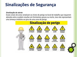 Sinalizações de Segurança
Sinalização de alerta
Esses sinais de aviso sinalizam os níveis de perigo no local de trabalho que requerem
atenção extra e podem resultar em ferimentos graves ou morte, mas não representam
uma ameaça imediata ao grau de uma zona de perigo.
 