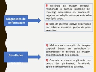 2) Risco de glicemia instável evidenciado
por estresse excessivo, ganho de peso
excessivo.
1) Distúrbio da imagem corporal
relacionada a doença (síndrome de
chushing) evidenciado por sentimento
negativo em relação ao corpo, evita olhar
o próprio corpo.
Diagnóstico de
enfermagem
1) Melhora na concepção da imagem
corporal; Deverá ser estimulado a
compreender o distúrbio da imagem
corporal causado pela doença.
Resultados
esperados
2) Controlar e manter a glicemia nos
dentro dos parâmetros, fornecendo
apoio e conhecimento ao paciente.
 