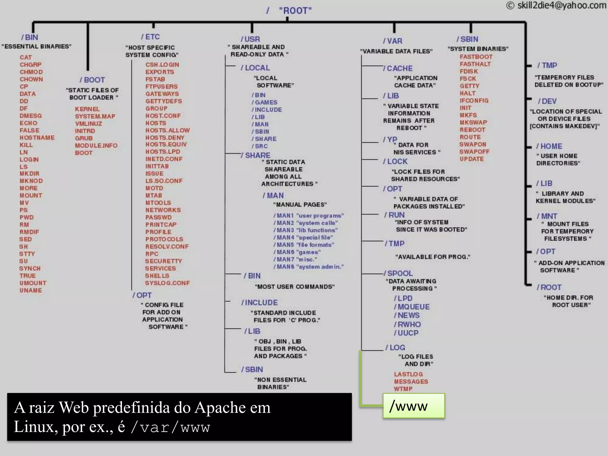 A raiz Web predefinida do Apache em   /www
Linux, por ex., é /var/www
 