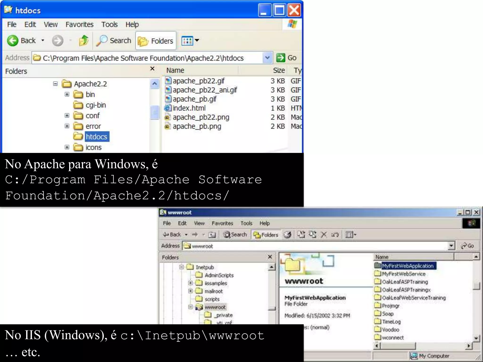No Apache para Windows, é
C:/Program Files/Apache Software
Foundation/Apache2.2/htdocs/




No IIS (Windows), é c:Inetpubwwwroot
… etc.
 