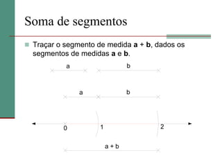 Soma de segmentos
 Traçar o segmento de medida a + b, dados os
segmentos de medidas a e b.
a b
ba
0 1 2
a + b
 