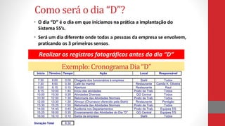 Como será o dia “D”?
• O dia “D” é o dia em que iniciamos na prática a implantação do
Sistema 5S’s.
• Será um dia diferente onde todas a pessoas da empresa se envolvem,
praticando os 3 primeiros sensos.
Exemplo:CronogramaDia“D”
Início Término Tempo Ação Local Responsável
7:30 8:00 0:00 Chegada dos funcionários à empresa Stahl Todos
7:30 8:00 0:30 Café da manhã Restaurante Camila K. Oliveira
8:00 8:15 0:15 Abertura Restaurante Raul
8:15 10:00 1:45 Início das atividades Posto de Trab. Todos
10:00 10:30 0:30 Atividades Diversas QG Central Todos
10:30 12:00 1:30 Retomada das Atividades Normais Posto de Trab. Todos
12:00 13:30 1:30 Almoço (Churrasco oferecido pela Stahl) Restaurante Perdigão
13:30 15:25 1:55 Retomada das Atividades Normais Posto de Trab. Todos
14:00 14:45 0:45 Auditoria nos Departamentos Posto de Trab. Equipes 5'S
15:25 16:00 0:35 Encerramento das Atividades do Dia "D" QG Central Equipes 5'S
16:00 16:10 0:10 Saída da empresa Stahl Todos
Duração Total 8:30
Realizar os registros fotográficos antes do dia “D”
 