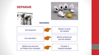NECESSÁRIO
Objetos que precisam
ser fixados e/ou instalados
Uso esporádico
Uso frequente
Manter no local
de trabalho
Manter próximo do
local de trabalho
Proceder à
fixação/instalação
SEPARAR
 