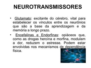 NEUROTRANSMISSORES
• Glutamato: excitante do cérebro, vital para
estabelecer os vínculos entre os neurônios
que são a base da aprendizagem e da
memória a longo prazo.
• Encefalinas e Endorfinas: opiáceos que,
como as drogas heroína e morfina, modulam
a dor, reduzem o estresse. Podem estar
envolvidas nos mecanismos de dependência
física.
 