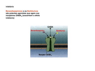 inibitório
Benzodiazepinicos e os Barbituricos
são potentes agonistas que agem nos
receptores GABAA (exacerbam o efeito
inibitorio)
 