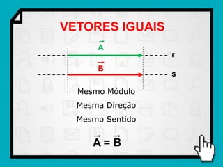 VETORES IGUAIS
      A
                  r
      B
                  s

  Mesmo Módulo
  Mesma Direção
  Mesmo Sentido


     A=B
 