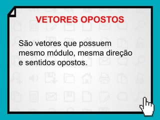 VETORES OPOSTOS

São vetores que possuem
mesmo módulo, mesma direção
e sentidos opostos.
 