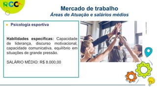 Mercado de trabalho
Áreas de Atuação e salários médios
● Psicologia esportiva
Habilidades específicas: Capacidade
de liderança, discurso motivacional,
capacidade comunicativa, equilíbrio em
situações de grande pressão.
SALÁRIO MÉDIO: R$ 8.000,00
 