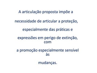 A articulação proposta impõe a
necessidade de articular a proteção,
especialmente das práticas e
expressões em perigo de extinção,
com
a promoção especialmente sensível
às
mudanças.
 