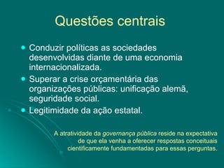 Questões centrais  Conduzir políticas as sociedades desenvolvidas diante de uma economia internacionalizada. Superar a crise orçamentária das organizações públicas: unificação alemã, seguridade social. Legitimidade da ação estatal. A atratividade da  governança pública  reside na expectativa de que ela venha a oferecer respostas conceituais cientificamente fundamentadas para essas perguntas. 