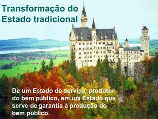 Transformação do  Estado tradicional De um Estado de serviço, produtor do bem público, em um Estado que serve de garantia à produção do bem público. 
