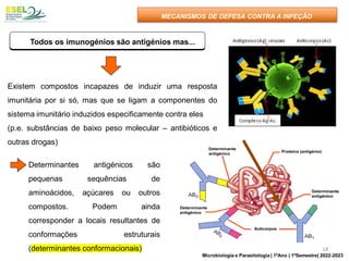 Todos os imunogénios são antigénios mas...
Existem compostos incapazes de induzir uma resposta
imunitária por si só, mas que se ligam a componentes do
sistema imunitário induzidos especificamente contra eles
(p.e. substâncias de baixo peso molecular – antibióticos e
outras drogas)
MECANISMOS DE DEFESA CONTRA A INFEÇÃO
Proteína (antigénio)
Determinante
antigénico
Determinante
antigénico
Determinante
antigénico
Anticorpos
Proteína (antigénio)
Determinante
antigénico
Determinante
antigénico
Determinante
antigénico
Anticorpos
Determinantes antigénicos são
pequenas sequências de
aminoácidos, açúcares ou outros
compostos. Podem ainda
corresponder a locais resultantes de
conformações estruturais
(determinantes conformacionais) 14
Microbiologia e Parasitologia | 1ºAno | 1ºSemestre| 2022-2023
 