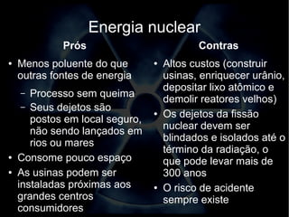 Energia nuclear 
Prós 
● Menos poluente do que 
outras fontes de energia 
– Processo sem queima 
– Seus dejetos são 
postos em local seguro, 
não sendo lançados em 
rios ou mares 
● Consome pouco espaço 
● As usinas podem ser 
instaladas próximas aos 
grandes centros 
consumidores 
Contras 
● Altos custos (construir 
usinas, enriquecer urânio, 
depositar lixo atômico e 
demolir reatores velhos) 
● Os dejetos da fissão 
nuclear devem ser 
blindados e isolados até o 
término da radiação, o 
que pode levar mais de 
300 anos 
● O risco de acidente 
sempre existe 
