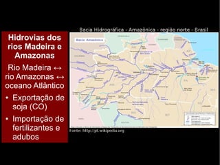 Hidrovias dos 
rios Madeira e 
Amazonas 
Rio Madeira ↔ 
rio Amazonas ↔ 
oceano Atlântico 
● Exportação de 
soja (CO) 
● Importação de 
fertilizantes e 
adubos 
 