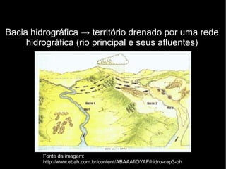 Bacia hidrográfica → território drenado por uma rede 
hidrográfica (rio principal e seus afluentes) 
Fonte da imagem: 
http://www.ebah.com.br/content/ABAAAfiOYAF/hidro-cap3-bh 
 
