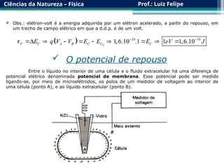 Ciências da Natureza – Física Prof.: Luiz Felipe
 Obs.: elétron-volt é a energia adquirida por um elétron acelerado, a partir do repouso, em
um trecho de campo elétrico em que a d.d.p. é de um volt.
  0
19 19
1,6.10 .1 1 1,6.10
F C A B C C C
E q V V E E E eV J
  
        
 O potencial de repouso
Entre o líquido no interior de uma célula e o fluido extracelular há uma diferença de
potencial elétrico denominada potencial de membrana. Esse potencial pode ser medido
ligando-se, por meio de microelétrodos, os polos de um medidor de voltagem ao interior de
uma célula (ponto A), e ao líquido extracelular (ponto B).
 
