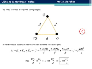 Ciências da Natureza – Física Prof.: Luiz Felipe
No final, teremos a seguinte configuração:

 
Q
Q
d
d
d
2Q
C
A nova energia potencial eletrostática do sistema será dada por:
2
' ' '
12 13 23
.2 . .2 . . .
5
K Q Q K Q Q K Q Q KQ
U E E E U U
d d d d
        
Mas
2 2
0 0
5 5
3 3
U U
KQ KQ
U U
d d
    
 
