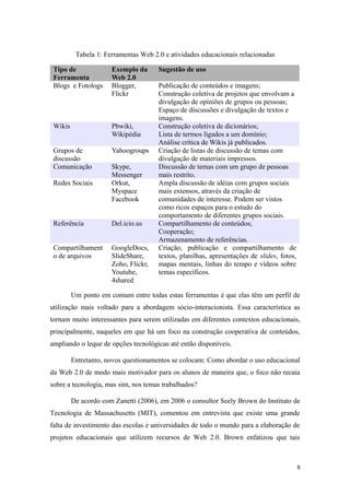Tabela 1: Ferramentas Web 2.0 e atividades educacionais relacionadas

 Tipo de              Exemplo da      Sugestão de uso
 Ferramenta           Web 2.0
 Blogs e Fotologs     Blogger,        Publicação de conteúdos e imagens;
                      Flickr          Construção coletiva de projetos que envolvam a
                                      divulgação de opiniões de grupos ou pessoas;
                                      Espaço de discussões e divulgação de textos e
                                      imagens.
 Wikis                Pbwiki,         Construção coletiva de dicionários;
                      Wikipédia       Lista de termos ligados a um domínio;
                                      Análise crítica de Wikis já publicados.
 Grupos de            Yahoogroups     Criação de listas de discussão de temas com
 discussão                            divulgação de materiais impressos.
 Comunicação          Skype,          Discussão de temas com um grupo de pessoas
                      Messenger       mais restrito.
 Redes Sociais        Orkut,          Ampla discussão de idéias com grupos sociais
                      Myspace         mais extensos, através da criação de
                      Facebook        comunidades de interesse. Podem ser vistos
                                      como ricos espaços para o estudo do
                                      comportamento de diferentes grupos sociais.
 Referência           Del.icio.us     Compartilhamento de conteúdos;
                                      Cooperação;
                                      Armazenamento de referências.
 Compartilhament      GoogleDocs,     Criação, publicação e compartilhamento de
 o de arquivos        SlideShare,     textos, planilhas, apresentações de slides, fotos,
                      Zoho, Flickr,   mapas mentais, linhas do tempo e vídeos sobre
                      Youtube,        temas específicos.
                      4shared

         Um ponto em comum entre todas estas ferramentas é que elas têm um perfil de
utilização mais voltado para a abordagem sócio-interacionista. Essa característica as
tornam muito interessantes para serem utilizadas em diferentes contextos educacionais,
principalmente, naqueles em que há um foco na construção cooperativa de conteúdos,
ampliando o leque de opções tecnológicas até então disponíveis.

         Entretanto, novos questionamentos se colocam: Como abordar o uso educacional
da Web 2.0 de modo mais motivador para os alunos de maneira que, o foco não recaia
sobre a tecnologia, mas sim, nos temas trabalhados?

         De acordo com Zanetti (2006), em 2006 o consultor Seely Brown do Instituto de
Tecnologia de Massachusetts (MIT), comentou em entrevista que existe uma grande
falta de investimento das escolas e universidades de todo o mundo para a elaboração de
projetos educacionais que utilizem recursos de Web 2.0. Brown enfatizou que tais



                                                                                           6
 