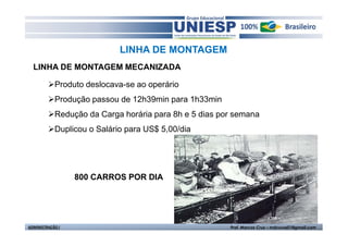LINHA DE MONTAGEM
  LINHA DE MONTAGEM MECANIZADA

            Produto deslocava-se ao operário
            Produção passou de 12h39min para 1h33min
            Redução da Carga horária para 8h e 5 dias por semana
            Duplicou o Salário para US$ 5,00/dia




                  800 CARROS POR DIA




ADMINISTRAÇÃO I                                         Prof. Marcos Cruz – mdccruz01@gmail.com
 
