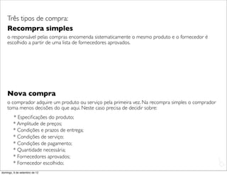 Três tipos de compra:
    Recompra simples
    o responsável pelas compras encomenda sistematicamente o mesmo produto e o fornecedor é
    escolhido a partir de uma lista de fornecedores aprovados.




    Nova compra
    o comprador adquire um produto ou serviço pela primeira vez. Na recompra simples o comprador
    toma menos decisões do que aqui. Neste caso precisa de decidir sobre:
        * Especiﬁcações do produto;
        * Amplitude de preços;
        * Condições e prazos de entrega;
        * Condições de serviço;
        * Condições de pagamento;
        * Quantidade necessária;
        * Fornecedores aprovados;
                                                                                                   L
        * Fornecedor escolhido;                                                                    C
domingo, 9 de setembro de 12
 