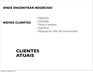 ONDE ENCONTRAR NEGÓCIOS?


                                      :: Network
    NOVOS CLIENTES                    :: Indicação
                                      :: Feiras e eventos
                                      :: Imprensa
                                      :: Pesquisa em sites de concorrentes




                               CLIENTES
                               ATUAIS

                                                                             L
                                                                             C
domingo, 9 de setembro de 12
 