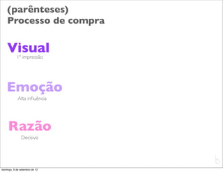 (parênteses)
    Processo de compra

    Visual 1ª impressão




    Emoção
            Alta inﬂuência




     Razão
               Decisivo


                               L
                               C
domingo, 9 de setembro de 12
 