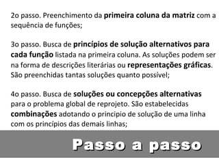 2o passo. Preenchimento da  primeira coluna da matriz  com a sequência de funções; 3o passo. Busca de  princípios de solução alternativos para cada função  listada na primeira coluna. As soluções podem ser na forma de descrições literárias ou  representações gráficas . São preenchidas tantas soluções quanto possível; 4o passo. Busca de  soluções ou concepções alternativas  para o problema global de reprojeto. São estabelecidas  combinações  adotando o principio de solução de uma linha com os princípios das demais linhas; Passo a passo 