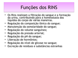 Funções dos RINSFunções dos RINS
• Os Rins realizam a filtração do sangue e a formação
da urina, contribuindo para a homeostasia dos
líquidos do corpo de várias maneiras.
• Regulação da composição iônica do sangue;
• Manutenção da osmolaridade do sangue;
• Regulação do volume sanguíneo;
• Regulação da pressão arterial; 
• Regulação do pH do sangue;
• Liberação de hormônios;
• Regulação do nível de glicose no sangue;
• Excreção de resíduos e substâncias estranhas
 