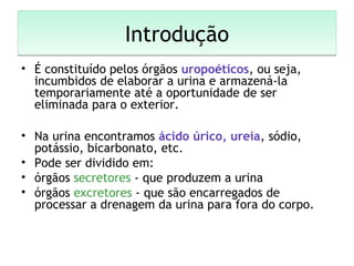 IntroduçãoIntrodução
• É constituído pelos órgãos uropoéticos, ou seja,
incumbidos de elaborar a urina e armazená-la
temporariamente até a oportunidade de ser
eliminada para o exterior.
• Na urina encontramos ácido úrico, ureia, sódio,
potássio, bicarbonato, etc.
• Pode ser dividido em:
• órgãos secretores - que produzem a urina
• órgãos excretores - que são encarregados de
processar a drenagem da urina para fora do corpo.
 