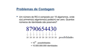 Problemas de Contagem
 Um número de RG é composto por 10 algarismos, onde
o(s) primeiro(s) algarismo(s) pode(m) ser zero. Quantos
números de identidade são possíveis?
= 10 possibilidades
= 10.000.000.000 identidades
10
 