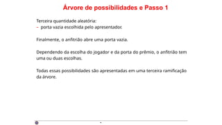 Árvore de possibilidades e Passo 1
Terceira quantidade aleatória:
– porta vazia escolhida pelo apresentador.
Finalmente, o anfitrião abre uma porta vazia.
Dependendo da escolha do jogador e da porta do prêmio, o anfitrião tem
uma ou duas escolhas.
Todas essas possibilidades são apresentadas em uma terceira ramificação
da árvore.
·
 