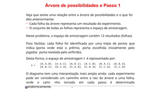 Árvore de possibilidades e Passo 1
S =
(A, A, B ) ,
( B , B , C),
(A, A, C ) ,
( B , C, A),
(A, B , C) ,
(C, A, B ),
(A, C, B ),
(C, B , A),
( B , A, C ),
(C, C, A),
( B , B , A),
(C, C, B )
Veja que existe uma relação entre a árvore de possibilidades e o que foi
dito anteriormente:
– Cada folha da árvore representa um resultado do experimento.
– O conjunto de todas as folhas representa o espaço de amostragem.
Neste problema, o espaço de amostragem contém 12 resultados (folhas).
Para facilitar, cada folha foi identificada por uma tripla de portas que
indica (porta onde está o prêmio, porta escolhida inicialmente pelo
jogador, porta revelada pelo anfitrião).
Desta forma, o espaço de amostragem S é representado por:
O diagrama tem uma interpretação mais ampla ainda: cada experimento
pode ser considerado um caminho entre a raiz da árvore e uma folha,
onde o cami- nho tomado em cada passo é determinado
randomicamente. ·
 