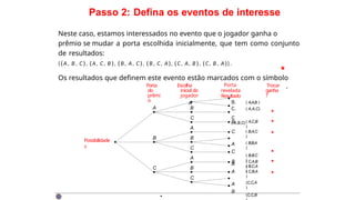 Passo 2: Defina os eventos de interesse
Neste caso, estamos interessados no evento que o jogador ganha o
prêmio se mudar a porta escolhida inicialmente, que tem como conjunto
de resultados:
{ ( A , B , C ) , (A, C, B ) , ( B , A, C ) , ( B , C, A), (C, A, B ) , (C, B , A)}.
Os resultados que definem este evento estão marcados com o símbolo
.
( C,B,A
)
(C,C,A
)
(C,C,B
( A,C,B
)
( B,A,C
)
( B,B,A
)
( B,B,C
)
( B,C,A
)
( C,A,B
)
C
A
C
A
B
C
A
C
A
B
B
C
A
A
B
B
B
Porta
do
prêmi
o
A
B
C
Escolha
inicial do
jogador
A
Porta
revelada
Resultado
B. ( A,A,B )
C. ( A,A,C)
C
( A,B,C)
Possibilidade
s
Trocar
ganha
?
·
 